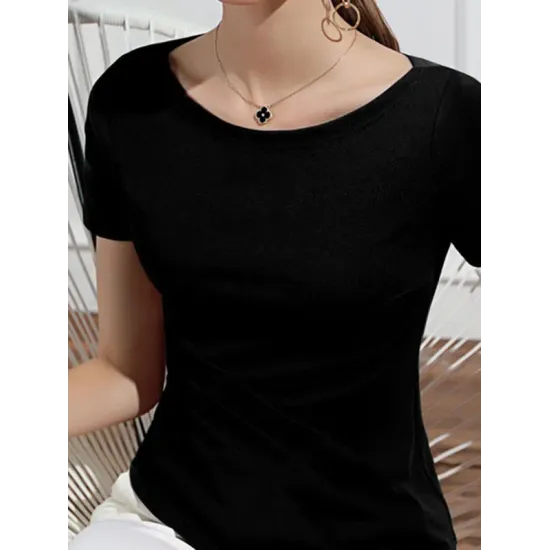 Pleated Solid Color Irregular clipping Short Sleeves Round-neck T-Shirts Tops Pleated Solid Color Irregular clipping Short Sleeves Round-neck T-Shirts Tops