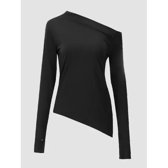 Stylish Solid Color One-Shoulder Long Sleeves T-Shirt Top Stylish Solid Color One-Shoulder Long Sleeves T-Shirt Top