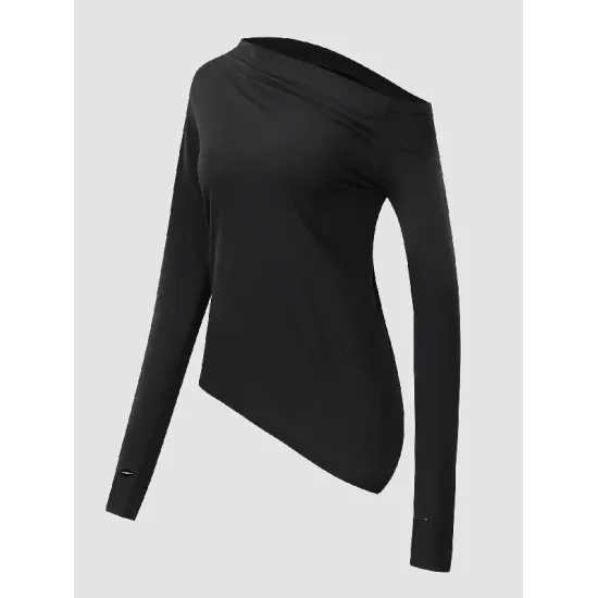 Stylish Solid Color One-Shoulder Long Sleeves T-Shirt Top Stylish Solid Color One-Shoulder Long Sleeves T-Shirt Top