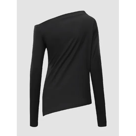 Stylish Solid Color One-Shoulder Long Sleeves T-Shirt Top Stylish Solid Color One-Shoulder Long Sleeves T-Shirt Top