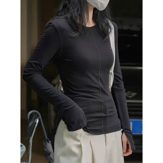 Solid Color Split-Joint Long Sleeves Skinny Round-neck T-shirts Solid Color Split-Joint Long Sleeves Skinny Round-neck T-shirts