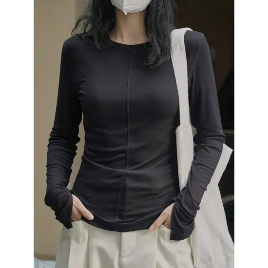 Solid Color Split-Joint Long Sleeves Skinny Round-neck T-shirts Solid Color Split-Joint Long Sleeves Skinny Round-neck T-shirts