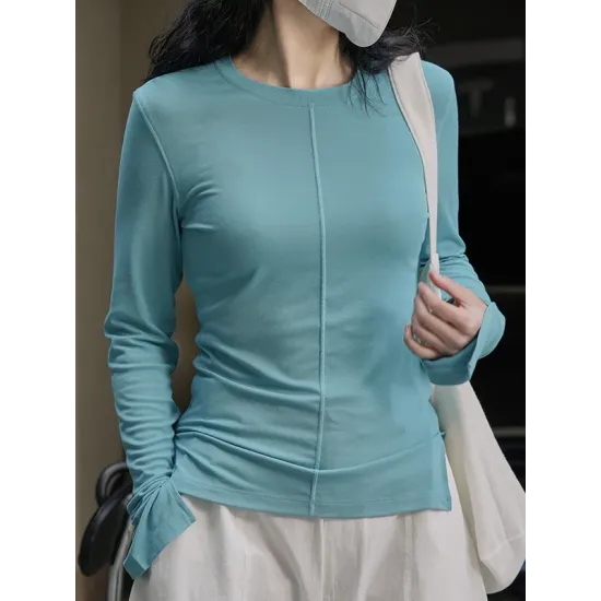 Solid Color Split-Joint Long Sleeves Skinny Round-neck T-shirts Solid Color Split-Joint Long Sleeves Skinny Round-neck T-shirts