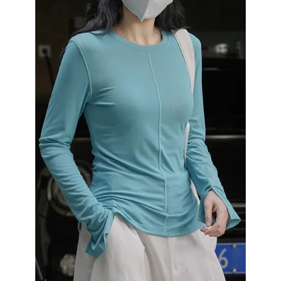 Solid Color Split-Joint Long Sleeves Skinny Round-neck T-shirts Solid Color Split-Joint Long Sleeves Skinny Round-neck T-shirts