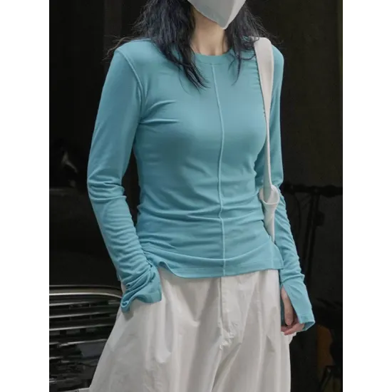 Solid Color Split-Joint Long Sleeves Skinny Round-neck T-shirts Solid Color Split-Joint Long Sleeves Skinny Round-neck T-shirts