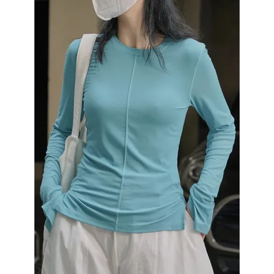 Solid Color Split-Joint Long Sleeves Skinny Round-neck T-shirts Solid Color Split-Joint Long Sleeves Skinny Round-neck T-shirts