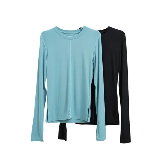 Solid Color Split-Joint Long Sleeves Skinny Round-neck T-shirts Solid Color Split-Joint Long Sleeves Skinny Round-neck T-shirts