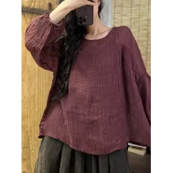 Pleated Solid Color Long Sleeves Loose Round-Neck T-Shirts