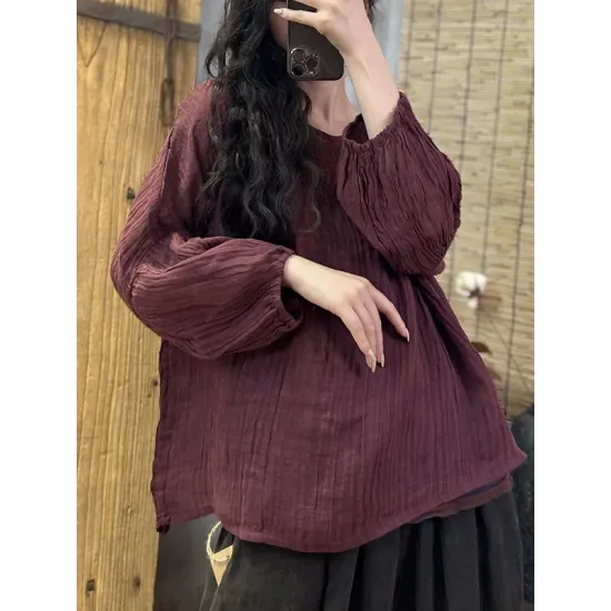 Pleated Solid Color Long Sleeves Loose Round-Neck T-Shirts Pleated Solid Color Long Sleeves Loose Round-Neck T-Shirts