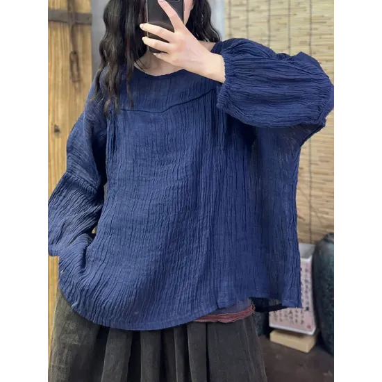 Pleated Solid Color Long Sleeves Loose Round-Neck T-Shirts Pleated Solid Color Long Sleeves Loose Round-Neck T-Shirts