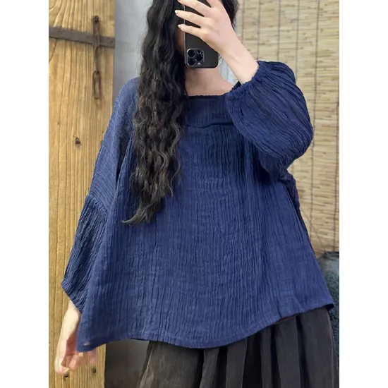 Pleated Solid Color Long Sleeves Loose Round-Neck T-Shirts Pleated Solid Color Long Sleeves Loose Round-Neck T-Shirts