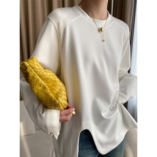 Cropped Loose Split-Side Solid Color Round-Neck T-Shirts Tops Cropped Loose Split-Side Solid Color Round-Neck T-Shirts Tops
