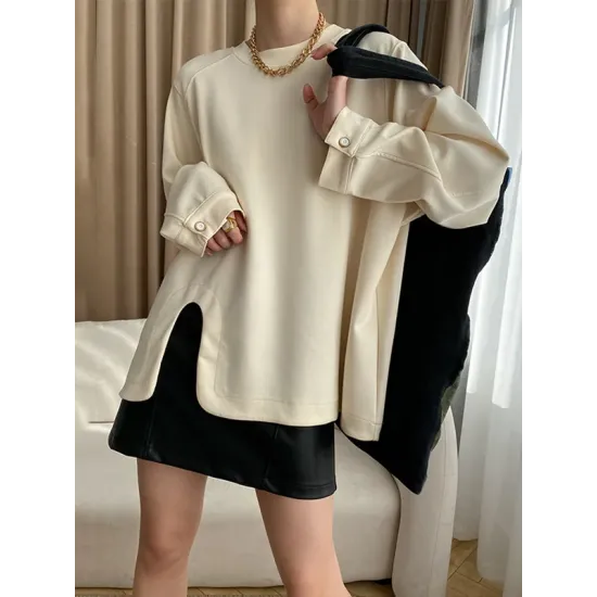 Cropped Loose Split-Side Solid Color Round-Neck T-Shirts Tops Cropped Loose Split-Side Solid Color Round-Neck T-Shirts Tops
