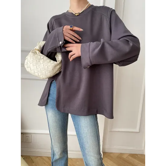 Cropped Loose Split-Side Solid Color Round-Neck T-Shirts Tops Cropped Loose Split-Side Solid Color Round-Neck T-Shirts Tops
