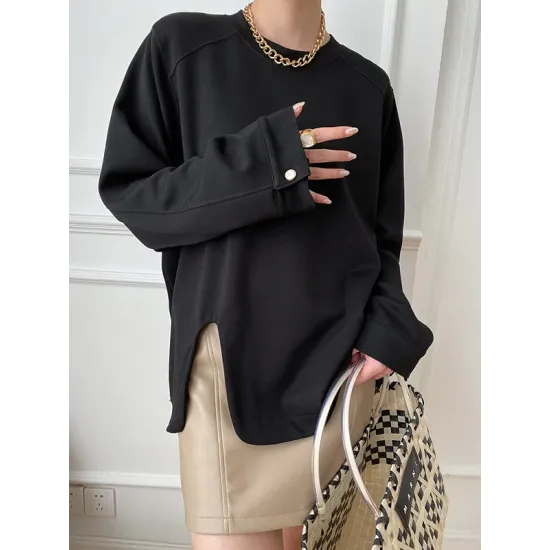 Cropped Loose Split-Side Solid Color Round-Neck T-Shirts Tops Cropped Loose Split-Side Solid Color Round-Neck T-Shirts Tops