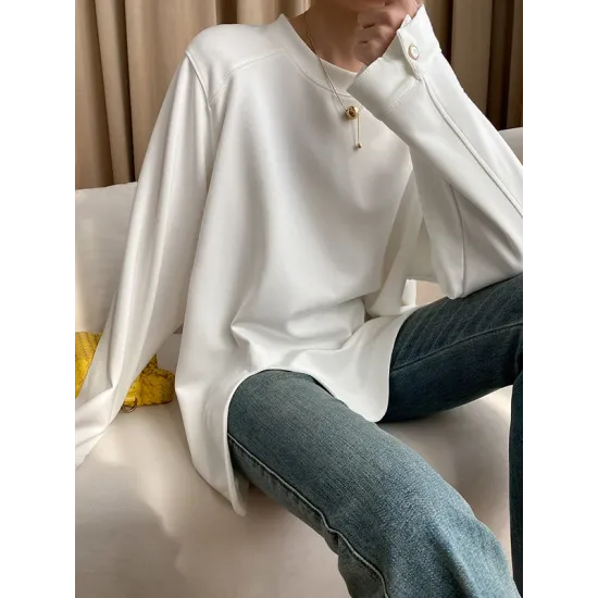 Cropped Loose Split-Side Solid Color Round-Neck T-Shirts Tops Cropped Loose Split-Side Solid Color Round-Neck T-Shirts Tops