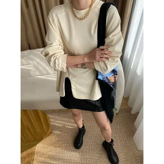 Cropped Loose Split-Side Solid Color Round-Neck T-Shirts Tops Cropped Loose Split-Side Solid Color Round-Neck T-Shirts Tops