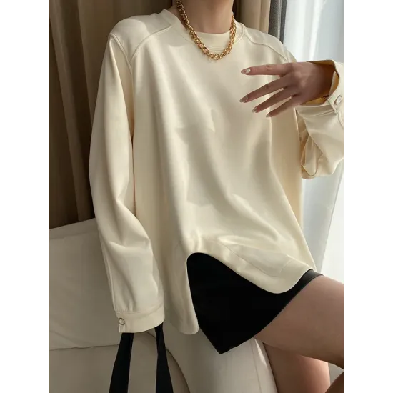 Cropped Loose Split-Side Solid Color Round-Neck T-Shirts Tops Cropped Loose Split-Side Solid Color Round-Neck T-Shirts Tops