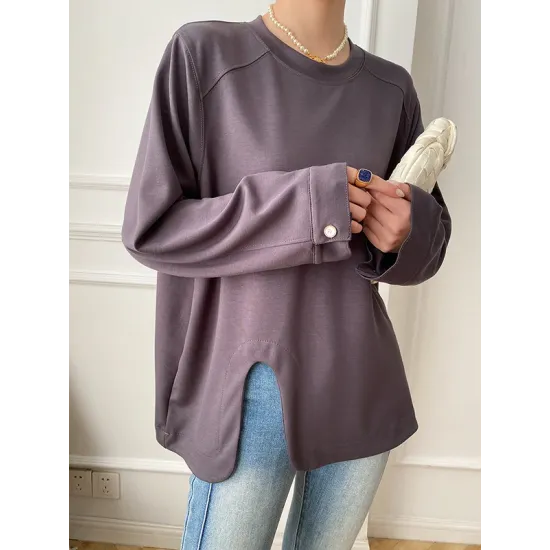 Cropped Loose Split-Side Solid Color Round-Neck T-Shirts Tops Cropped Loose Split-Side Solid Color Round-Neck T-Shirts Tops