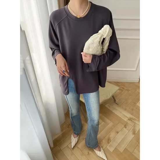 Cropped Loose Split-Side Solid Color Round-Neck T-Shirts Tops Cropped Loose Split-Side Solid Color Round-Neck T-Shirts Tops