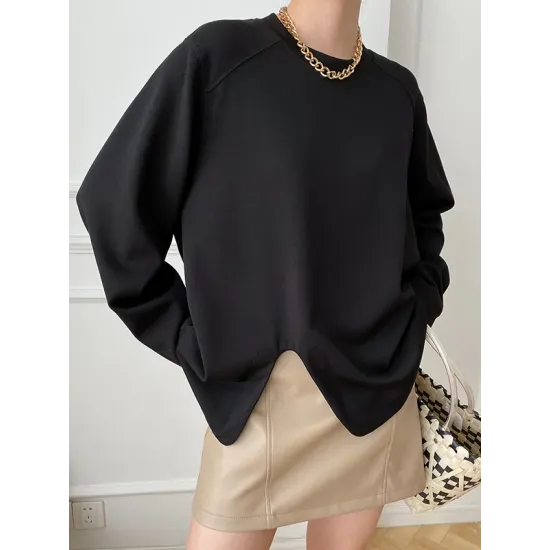 Cropped Loose Split-Side Solid Color Round-Neck T-Shirts Tops Cropped Loose Split-Side Solid Color Round-Neck T-Shirts Tops