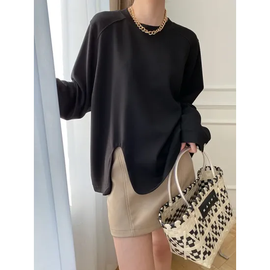 Cropped Loose Split-Side Solid Color Round-Neck T-Shirts Tops Cropped Loose Split-Side Solid Color Round-Neck T-Shirts Tops