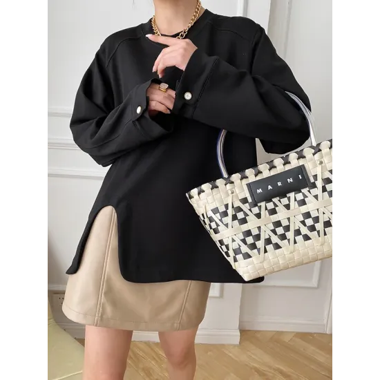Cropped Loose Split-Side Solid Color Round-Neck T-Shirts Tops Cropped Loose Split-Side Solid Color Round-Neck T-Shirts Tops