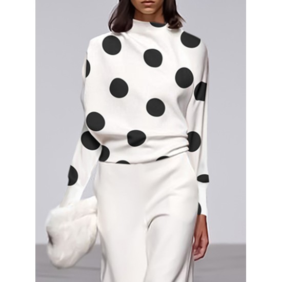 Long Sleeves Loose Polka Dot Stand Collar T-Shirts Long Sleeves Loose Polka Dot Stand Collar T-Shirts