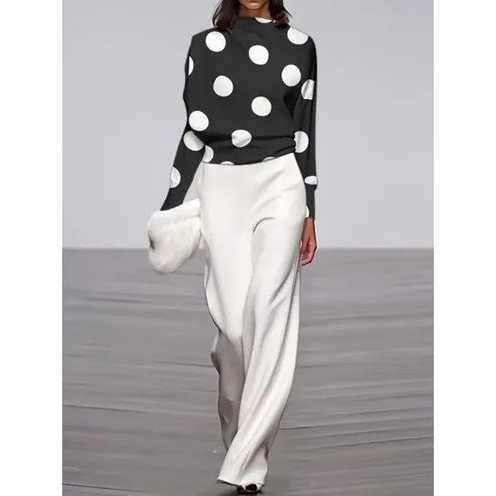 Long Sleeves Loose Polka Dot Stand Collar T-Shirts Long Sleeves Loose Polka Dot Stand Collar T-Shirts