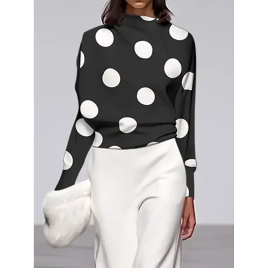 Long Sleeves Loose Polka Dot Stand Collar T-Shirts Long Sleeves Loose Polka Dot Stand Collar T-Shirts