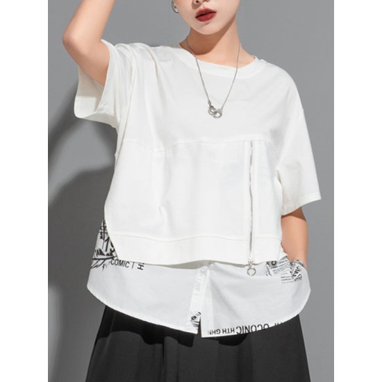 Printing Split-Joint False Two Loose Round-neck T-Shirts Tops Printing Split-Joint False Two Loose Round-neck T-Shirts Tops