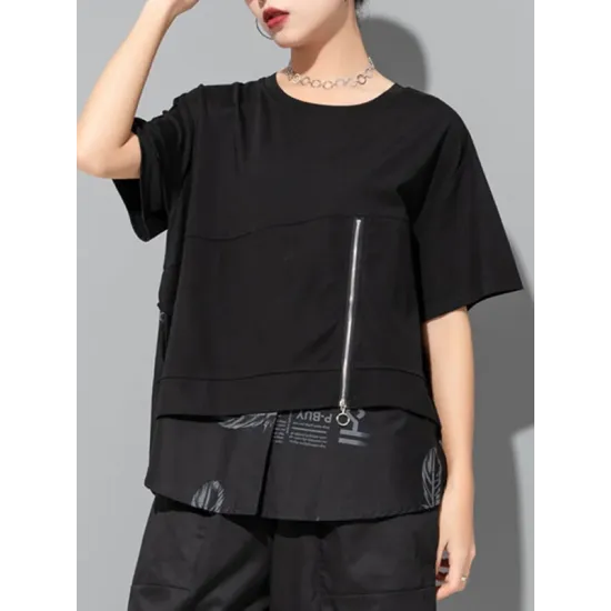 Printing Split-Joint False Two Loose Round-neck T-Shirts Tops Printing Split-Joint False Two Loose Round-neck T-Shirts Tops