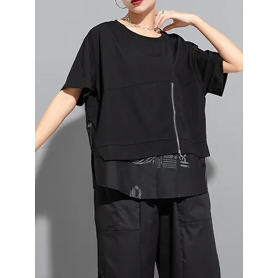 Printing Split-Joint False Two Loose Round-neck T-Shirts Tops Printing Split-Joint False Two Loose Round-neck T-Shirts Tops
