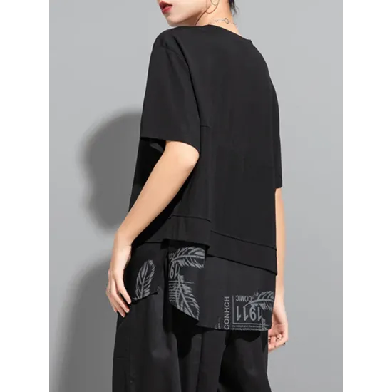Printing Split-Joint False Two Loose Round-neck T-Shirts Tops Printing Split-Joint False Two Loose Round-neck T-Shirts Tops