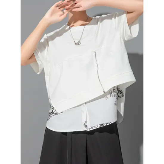 Printing Split-Joint False Two Loose Round-neck T-Shirts Tops Printing Split-Joint False Two Loose Round-neck T-Shirts Tops
