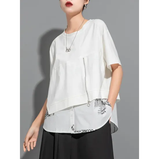 Printing Split-Joint False Two Loose Round-neck T-Shirts Tops Printing Split-Joint False Two Loose Round-neck T-Shirts Tops