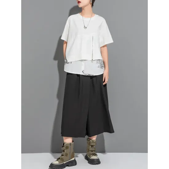 Printing Split-Joint False Two Loose Round-neck T-Shirts Tops Printing Split-Joint False Two Loose Round-neck T-Shirts Tops