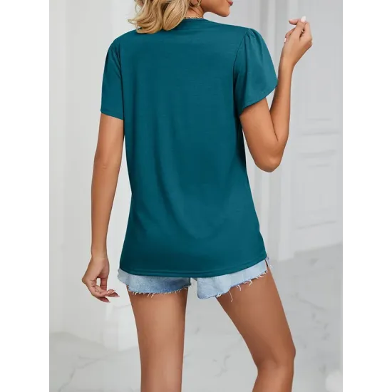 Applique Loose Short Sleeves V-Neck T-Shirts Tops Applique Loose Short Sleeves V-Neck T-Shirts Tops