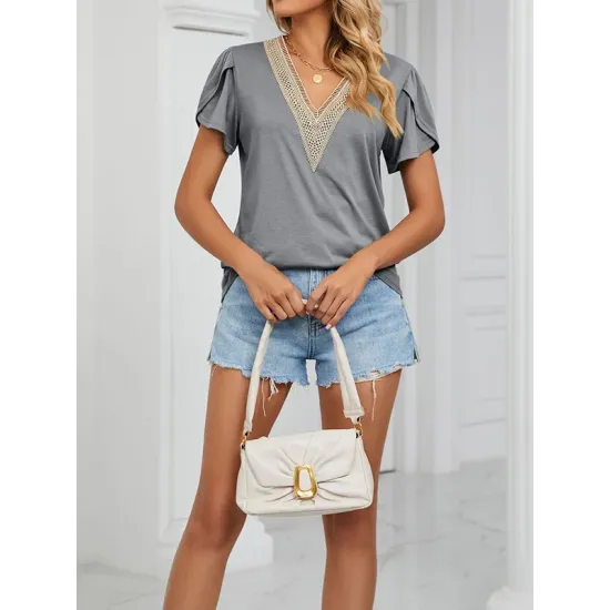 Applique Loose Short Sleeves V-Neck T-Shirts Tops Applique Loose Short Sleeves V-Neck T-Shirts Tops