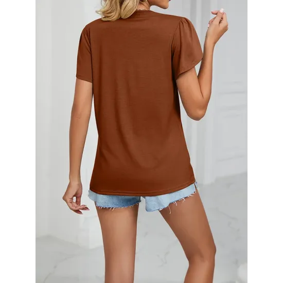 Applique Loose Short Sleeves V-Neck T-Shirts Tops Applique Loose Short Sleeves V-Neck T-Shirts Tops