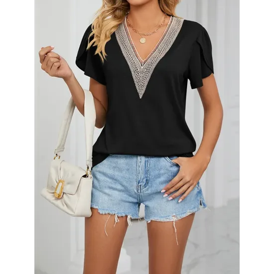 Applique Loose Short Sleeves V-Neck T-Shirts Tops Applique Loose Short Sleeves V-Neck T-Shirts Tops
