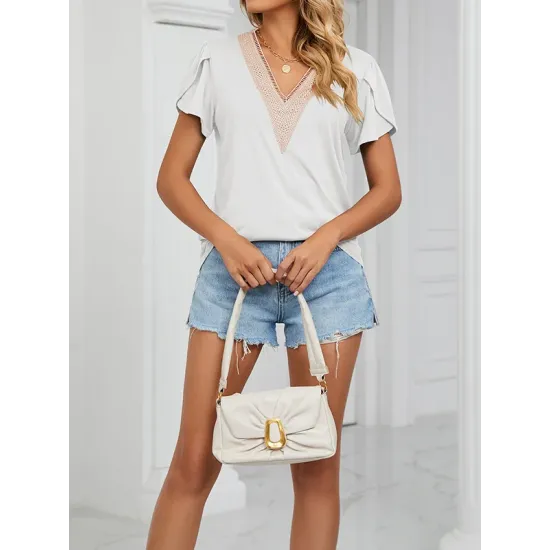 Applique Loose Short Sleeves V-Neck T-Shirts Tops Applique Loose Short Sleeves V-Neck T-Shirts Tops