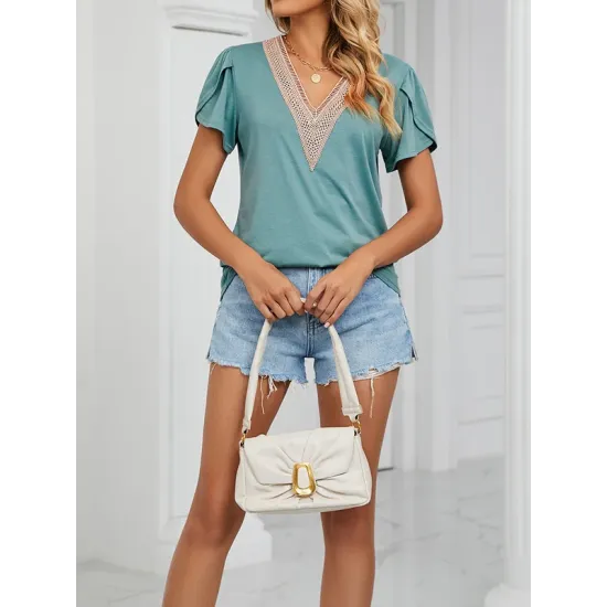 Applique Loose Short Sleeves V-Neck T-Shirts Tops Applique Loose Short Sleeves V-Neck T-Shirts Tops