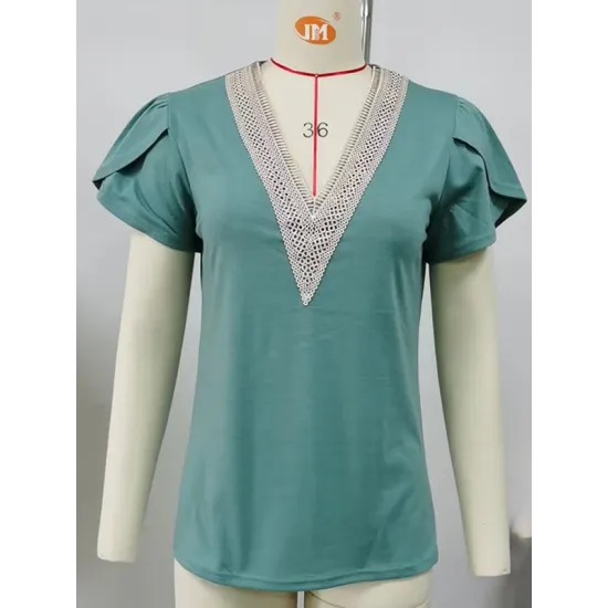 Applique Loose Short Sleeves V-Neck T-Shirts Tops Applique Loose Short Sleeves V-Neck T-Shirts Tops