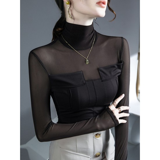 Gauze See-Through Split-Joint Long Sleeves Skinny High-Neck T-Shirts Tops Gauze See-Through Split-Joint Long Sleeves Skinny High-Neck T-Shirts Tops