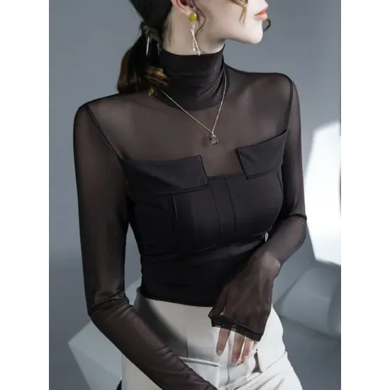 Gauze See-Through Split-Joint Long Sleeves Skinny High-Neck T-Shirts Tops Gauze See-Through Split-Joint Long Sleeves Skinny High-Neck T-Shirts Tops