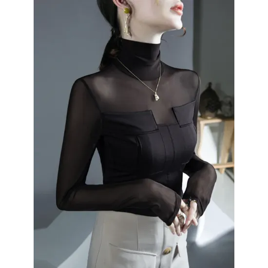Gauze See-Through Split-Joint Long Sleeves Skinny High-Neck T-Shirts Tops Gauze See-Through Split-Joint Long Sleeves Skinny High-Neck T-Shirts Tops