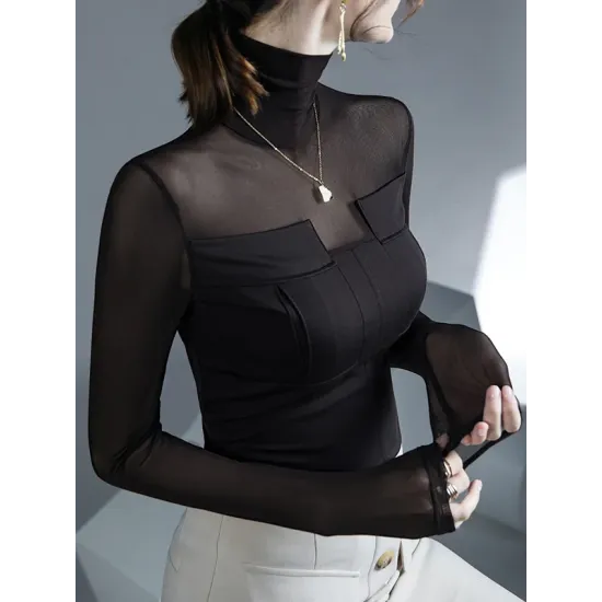 Gauze See-Through Split-Joint Long Sleeves Skinny High-Neck T-Shirts Tops Gauze See-Through Split-Joint Long Sleeves Skinny High-Neck T-Shirts Tops