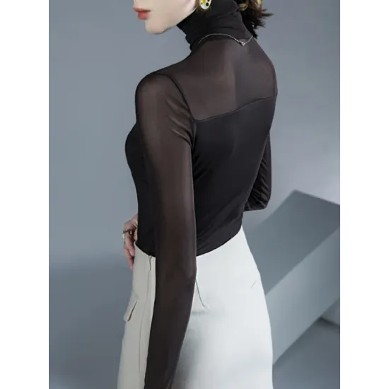 Gauze See-Through Split-Joint Long Sleeves Skinny High-Neck T-Shirts Tops Gauze See-Through Split-Joint Long Sleeves Skinny High-Neck T-Shirts Tops