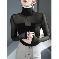 Gauze See-Through Split-Joint Long Sleeves Skinny High-Neck T-Shirts Tops